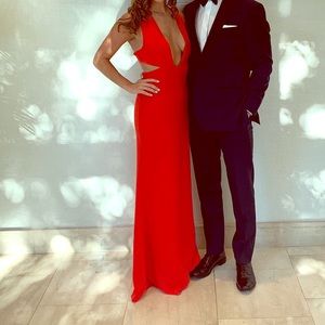 Revolve NBD deep plunge red formal gown black tie